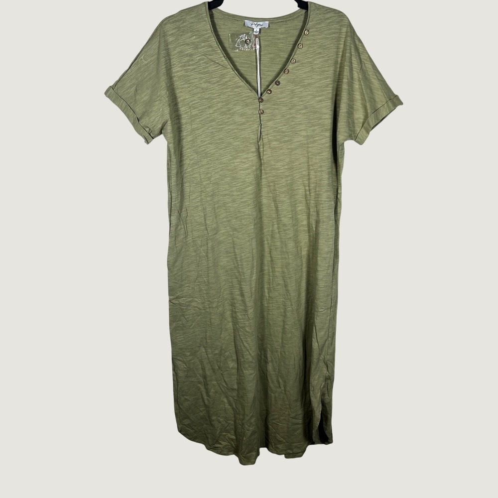 Polagram T-Shirt Maxi Dress Women S Green Solid Henley Slub Knit Short Sleeve